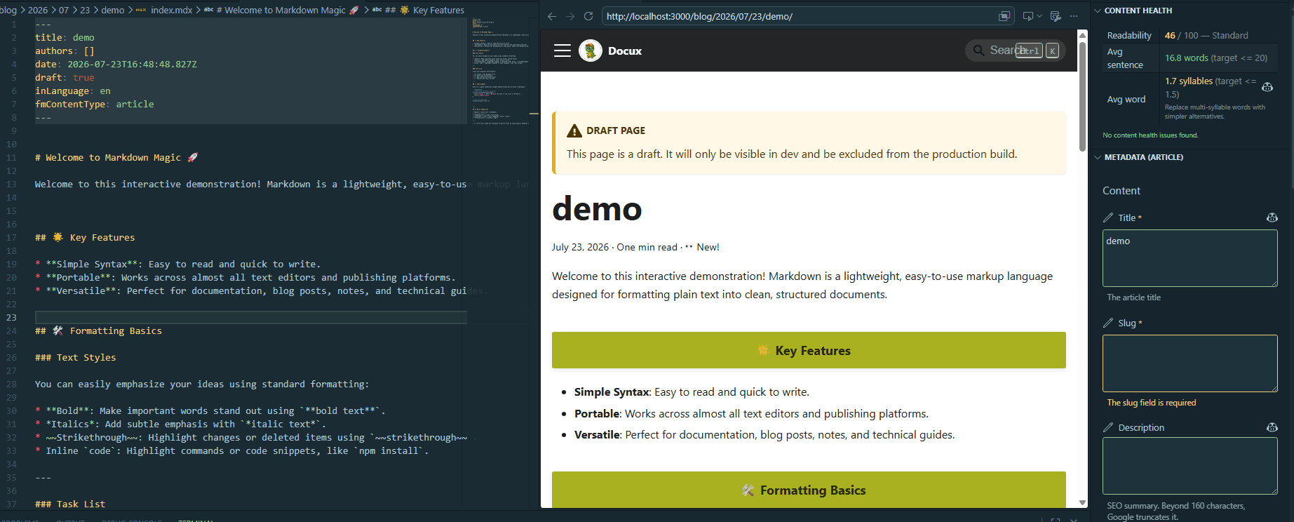 The Front Matter preview: Markdown on the left, the Docusaurus rendering on the right