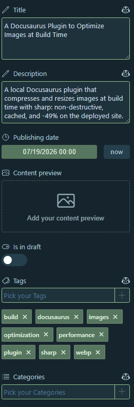 Generated content type displayed in the Front Matter CMS panel
