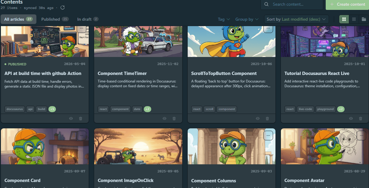 Front Matter CMS dashboard listing articles with their status, tags and date