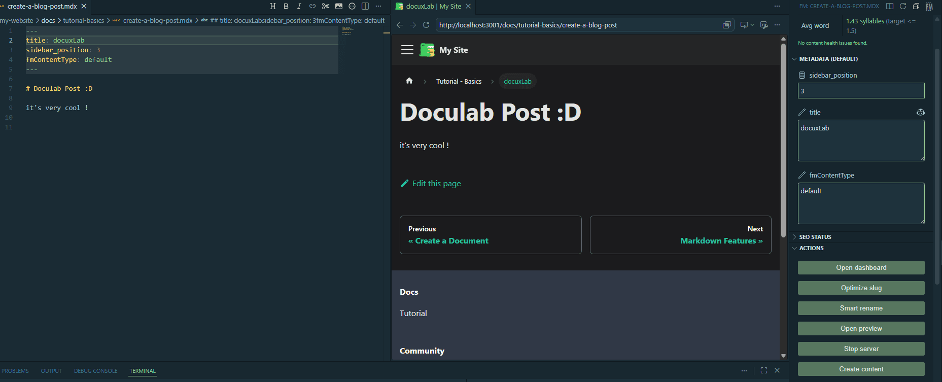 Editing an article with the Docusaurus preview built into VS Code