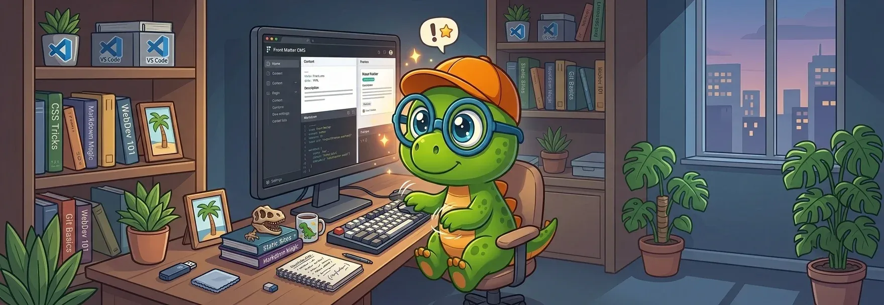 illustration of El Dino in front of the Front Matter dashboard