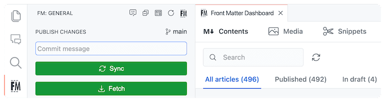Git action buttons built into Front Matter CMS