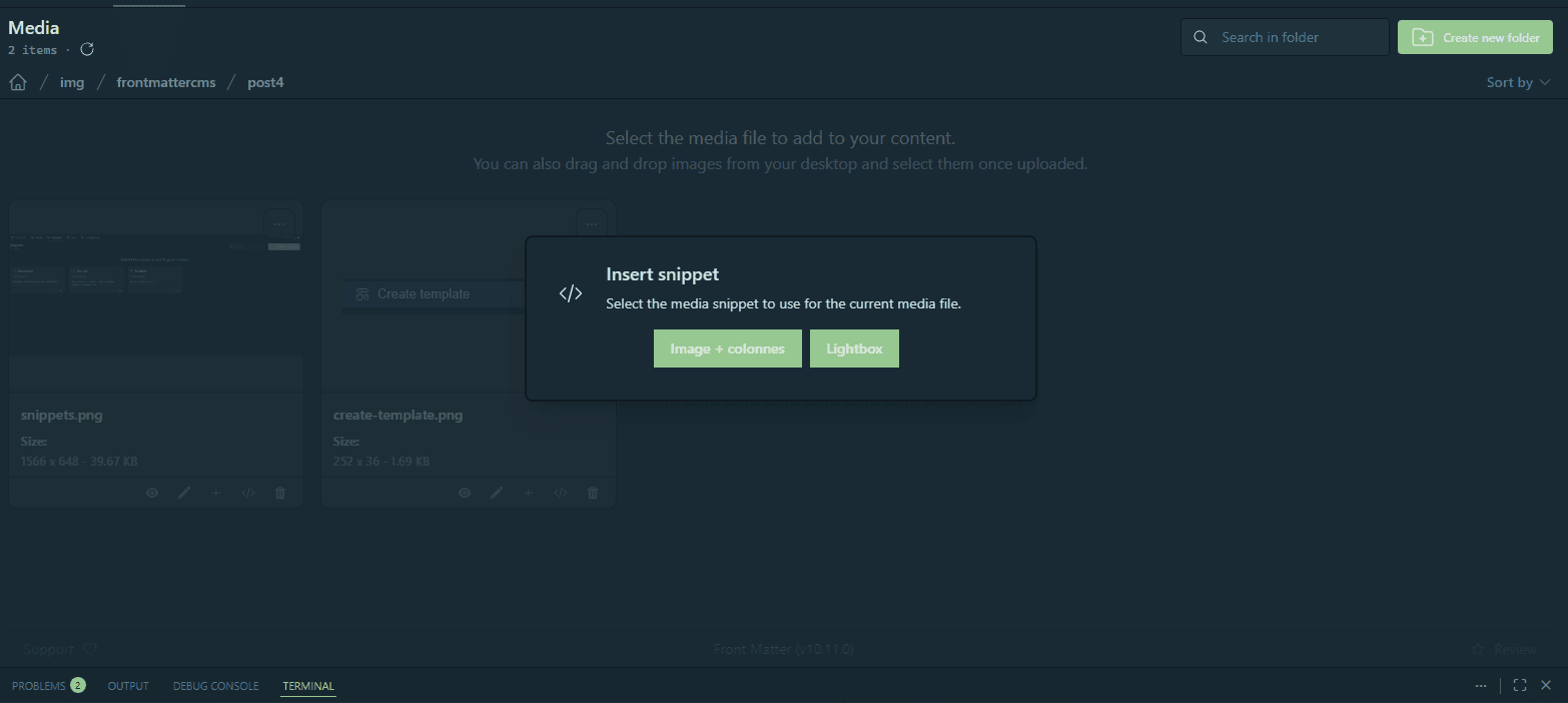 The snippet creation form, with the "Is a media snippet?" option