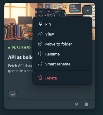A card's context menu: Pin, View, Move to folder, Rename, Smart rename, Delete