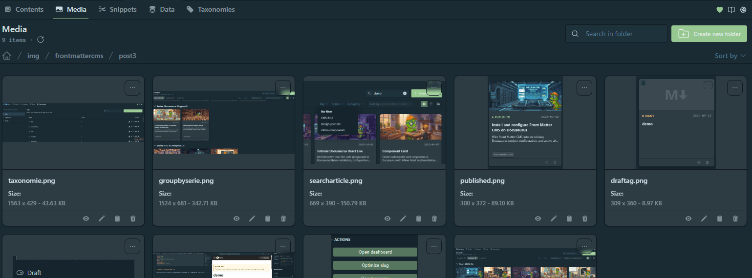 The dashboard's Media view, with the actions available on an image