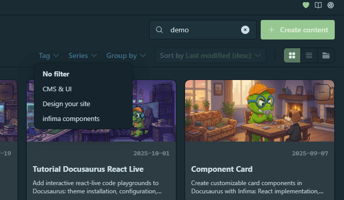 The Series filter unfolded in the dashboard, listing the blog's series