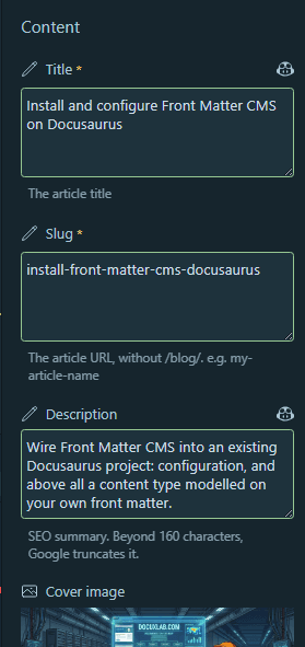 The Front Matter form split into the Content, Classification and Social sections
