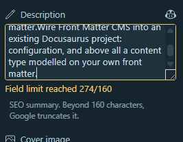 Front Matter's character counter flagging an over-limit description
