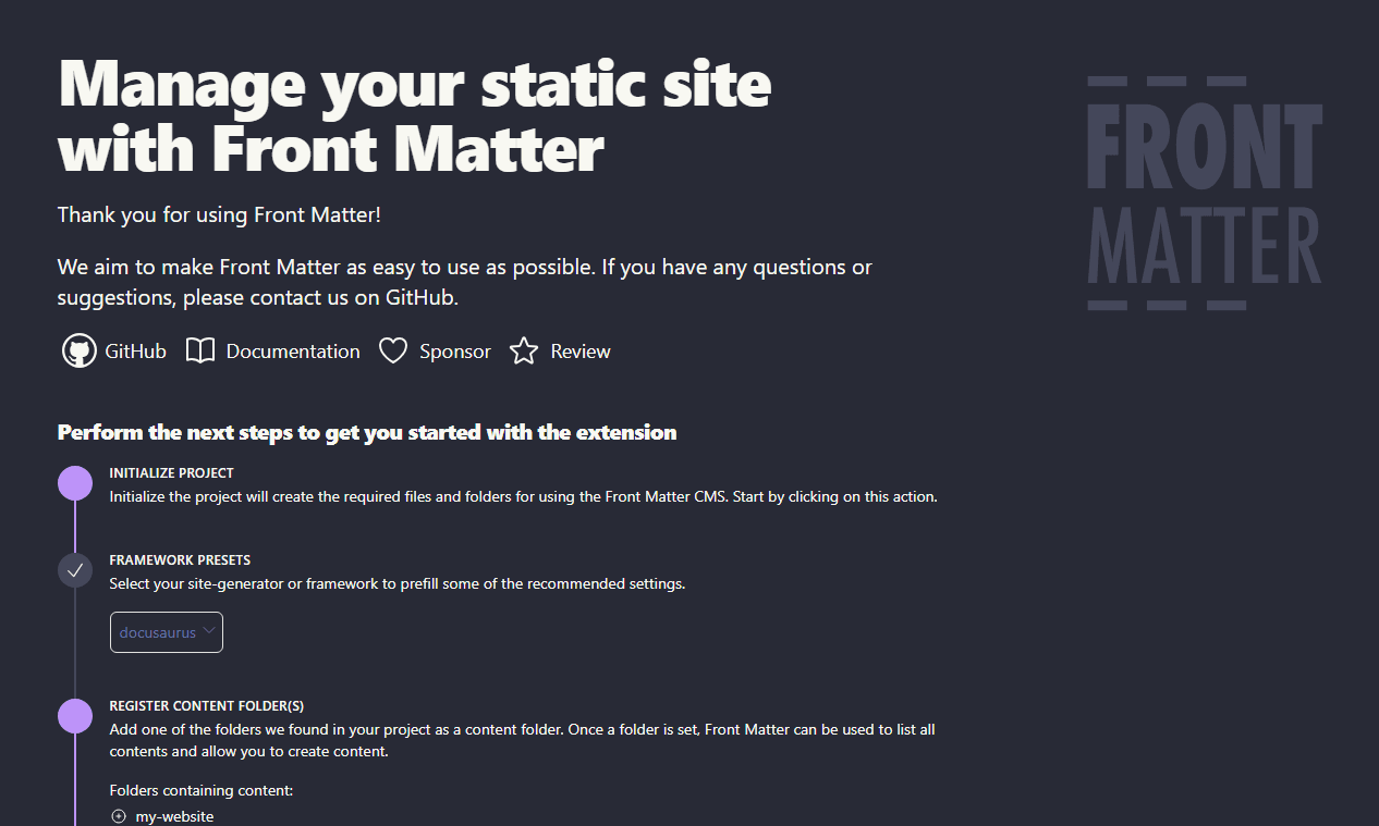 Front Matter CMS configuration start wizard
