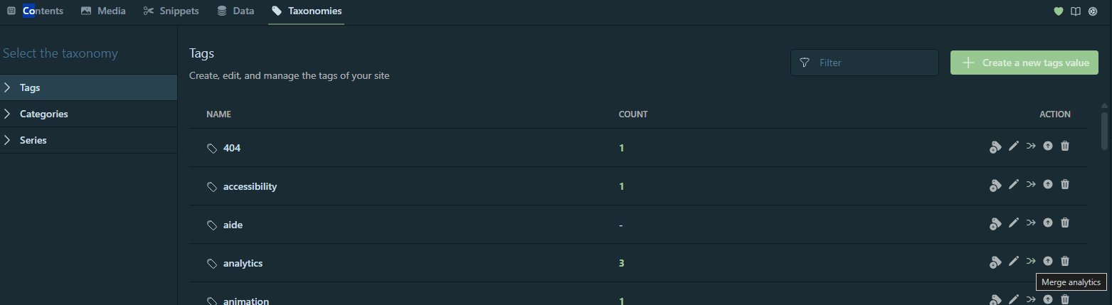 The dashboard's Taxonomy tab, with the rename and merge actions on a tag